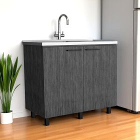 35" X 39" Gray And Silver Stainless Steel and Wood Utility Cabinet With Sink