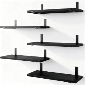 5-Tier Floating Shelves Wall Mounted, Black Wood Wall Shelves Set of 5 Same Size, Rustic Storage Shelf with Metal Brackets for Bedroom, Living Ro