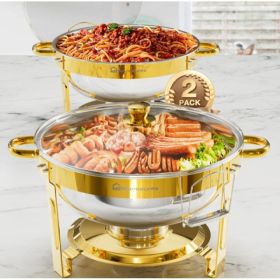 Warmounts Golden Chafing Pans With Glass Lids For Buffet 5QT, 2 Pack, Round Cooker And Warmer Set With Lid Holder, Polished Stainless Steel, Roun (Option: Multicolor)