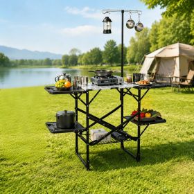 Foldaway Outdoor Cooking Table with Detachable Lamp Holder 4 Fold Side Trays Mesh Storage Shelf (Color: black)