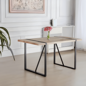 55" Dining Table modern rustic Industrial Rectangular MDF Wood Colour For 4-6 Person, With 1.5" Thick Engineered Wood Tabletop and Black Metal Le (Color: Wood color)